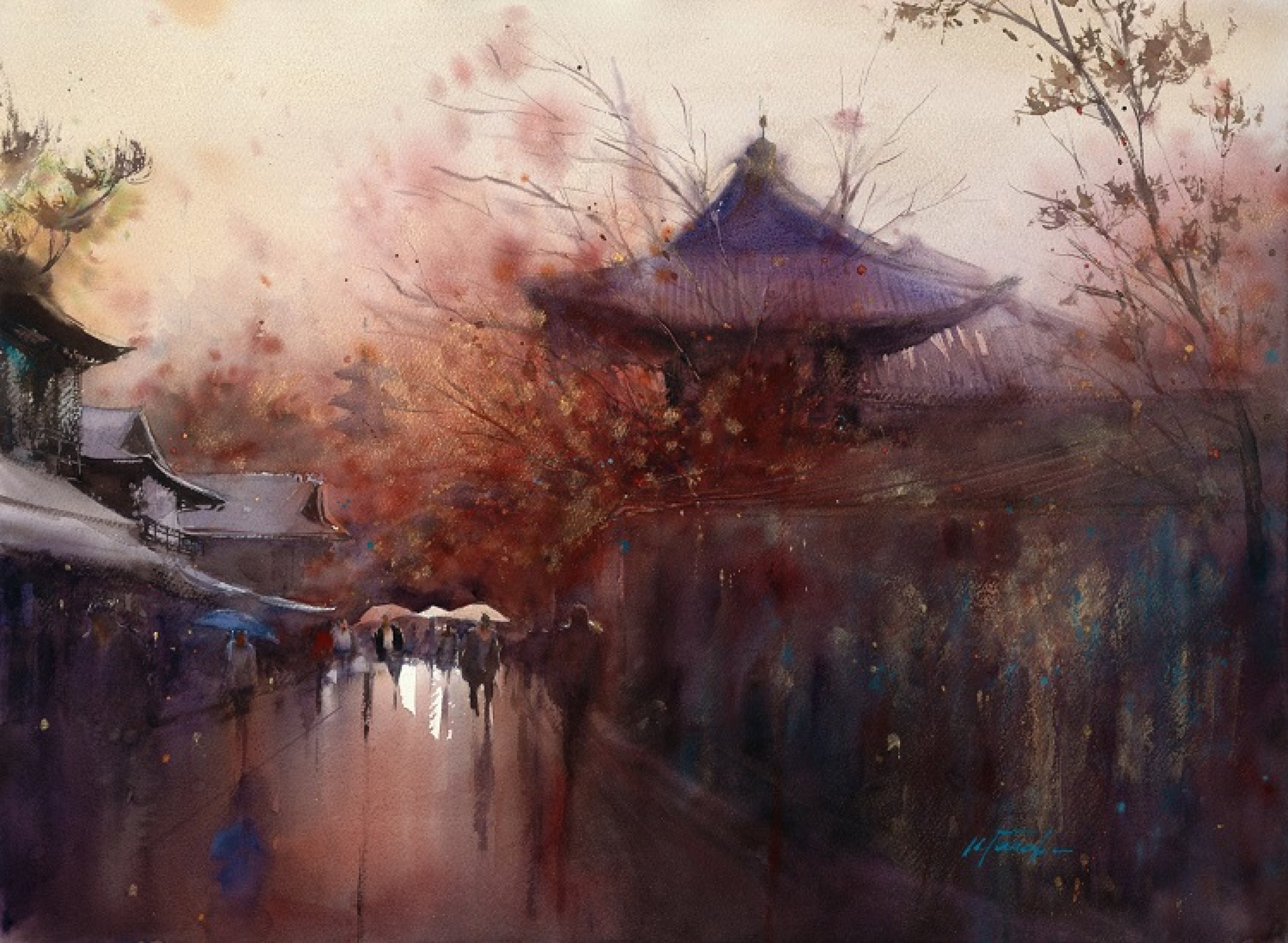 Autumn rain, watercolor by Keiko Tanabe. 